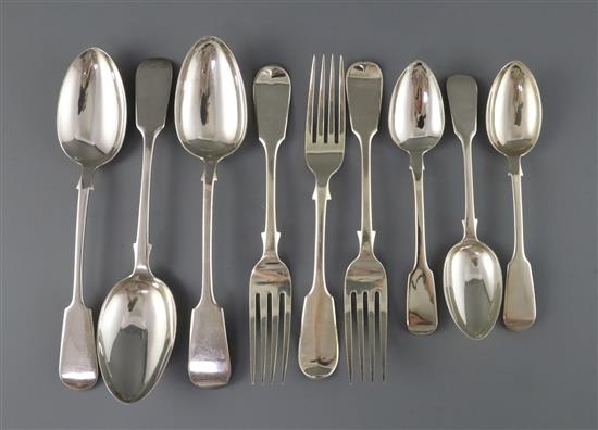 A matched part canteen of Victorian provincial silver fiddle pattern flatware, 64.5 oz.